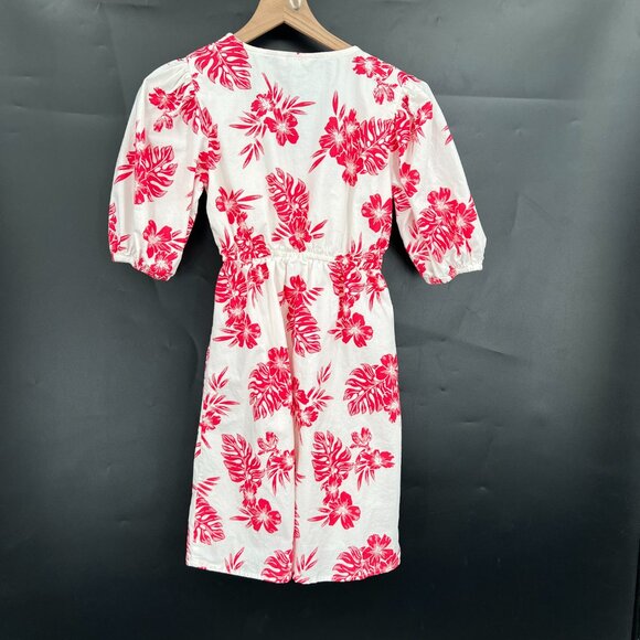 Sim & Sam puff sleeve lined Hawaiian floral mini dress tropical white red Lilo S - Picture 10 of 10